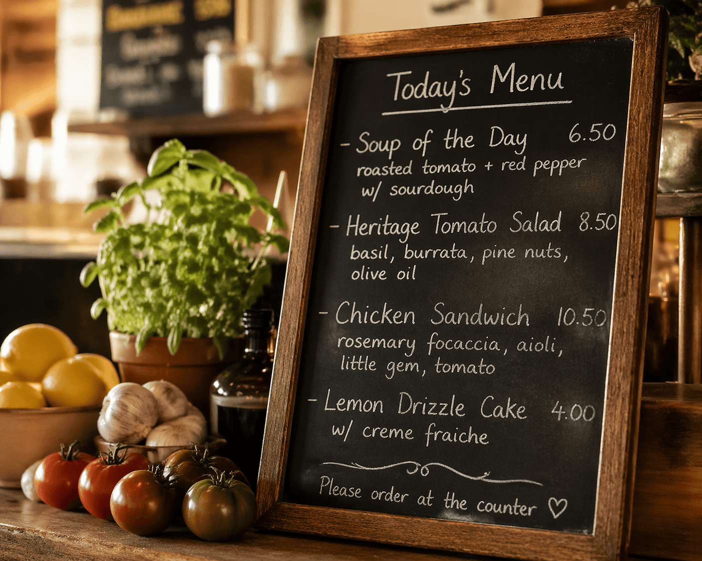 A menu board surrounded by fresh produce on a warm cafe counter.