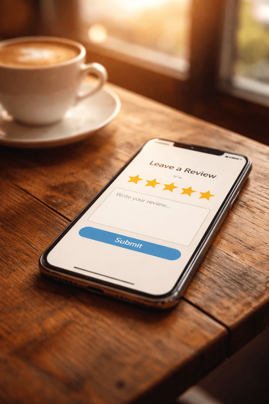 A smartphone showing a five-star review beside a coffee cup on a cafe table.