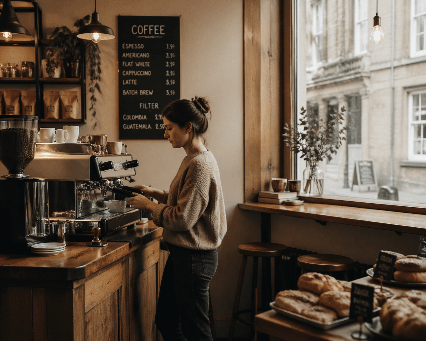 A cosy British specialty coffee shop with warm morning light.
