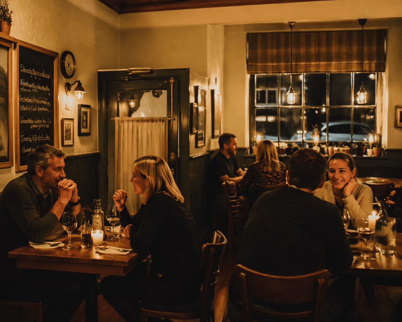 A warm family-run restaurant interior with candlelit tables.